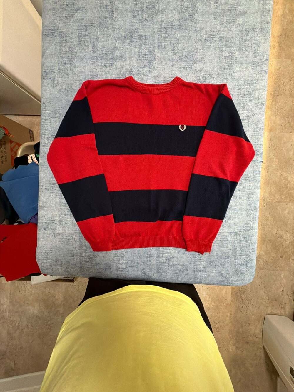 Vintage Chaps Ralph Lauren Red and Navy Blue Striped Cotton Crewneck Sweater XL
